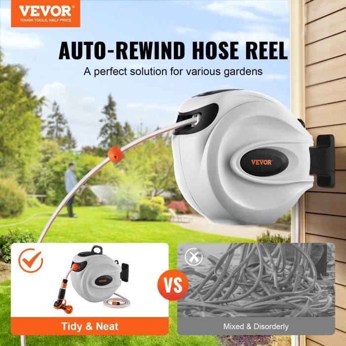 VEVOR Retractable Wall-Mounted Garden Hose Reel - 25m x 12mm 180°