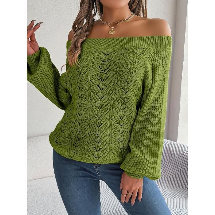 Jersey de punto holgado informal para mujer con cuello barco, hombros descubiertos, detalle calado, mangas largas, color liso - Verde