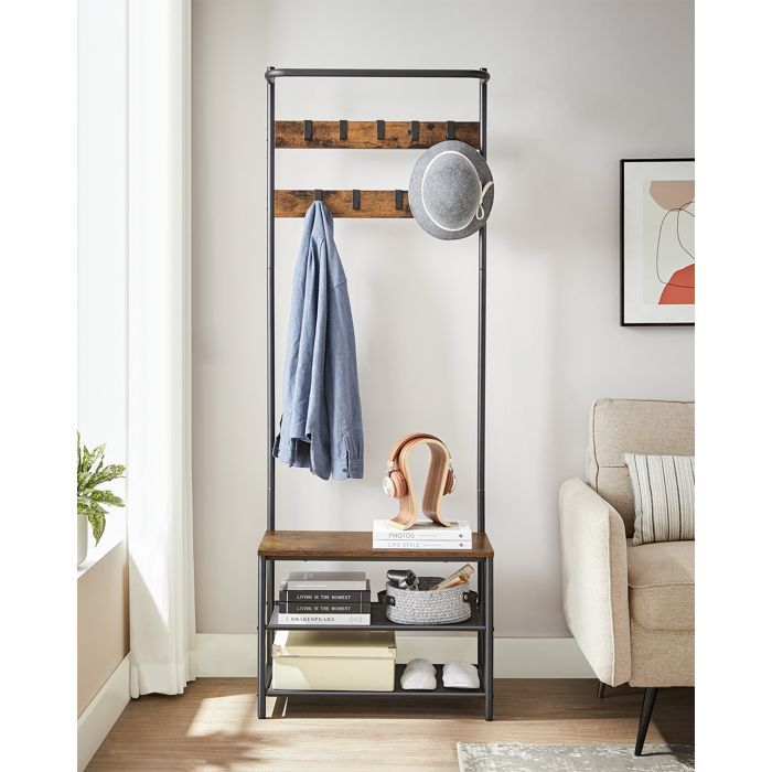 Mobile da ingresso VASAGLE, con panca e scarpiera, 9 ganci rimovibili, asta appendiabiti, 32,2 x 64 x 180 cm, marrone e nero