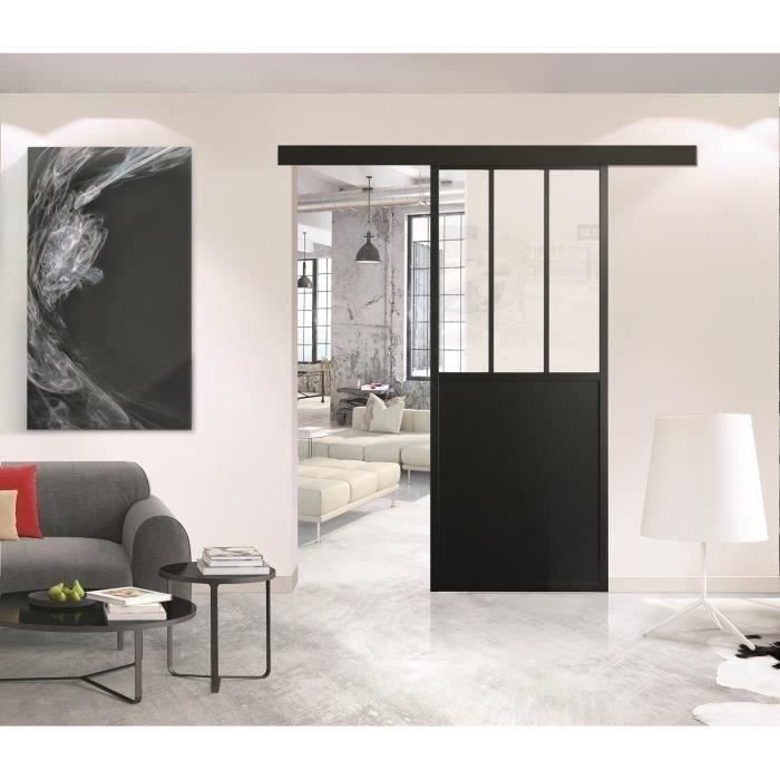 OPTIMUM - Kit de puerta corredera + riel + embellecedor - Estilo taller - 204 x 83 x 4 cm (alto x ancho x profundidad) - Negro con cristal transparente