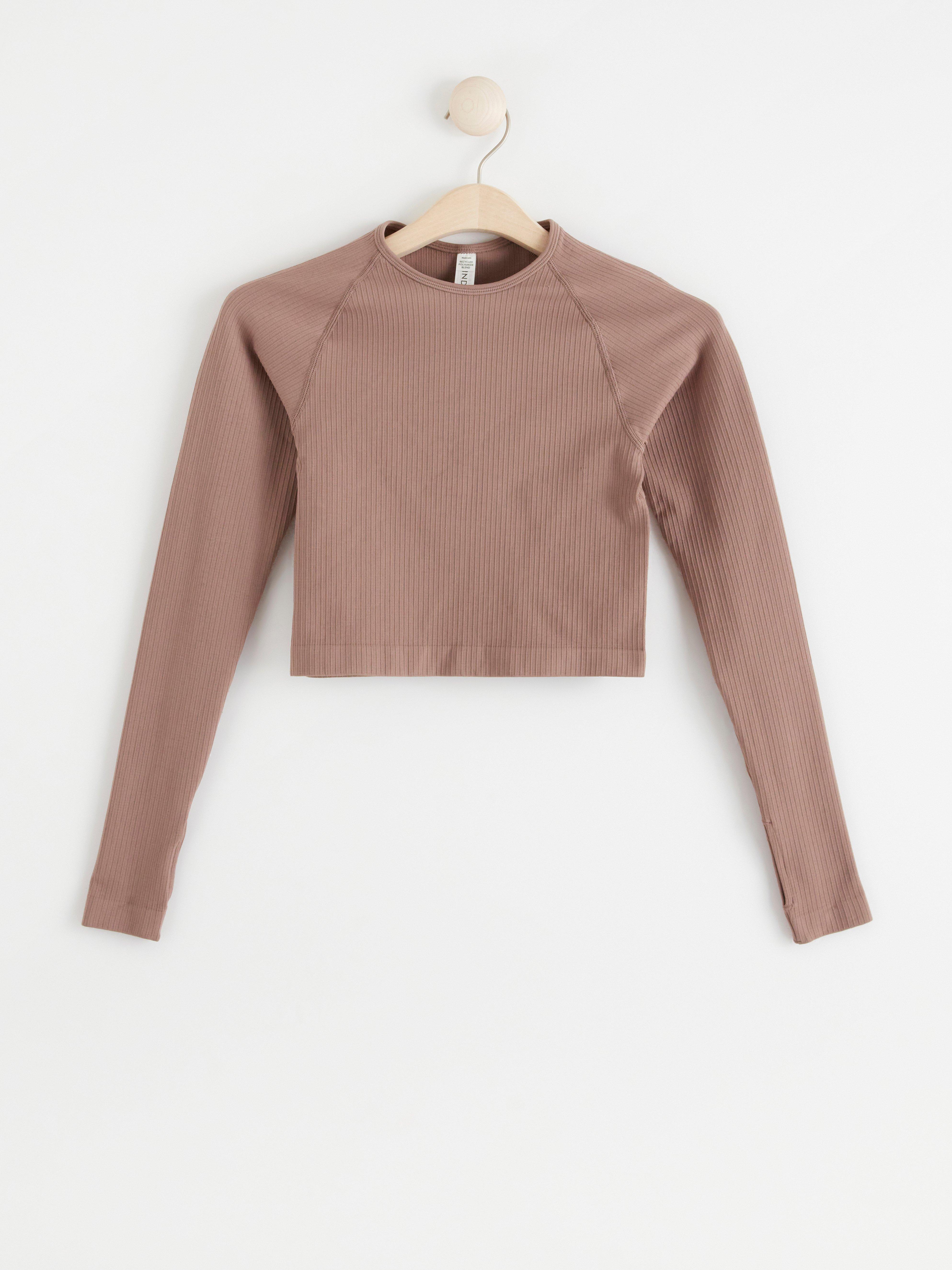 Sömlös ribbad och croppad sporttopp Light Dusty Brown