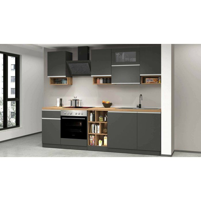 Dmora - Attiko Complete Kitchen, 255x60xh85 cm, Anthracite, Oak, Wood Effect Panel and Glass