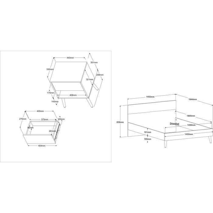 Bed set 140 x 190 cm + 2 bedside tables - AALBORG - Scandinavian - White / Oak - PARISOT