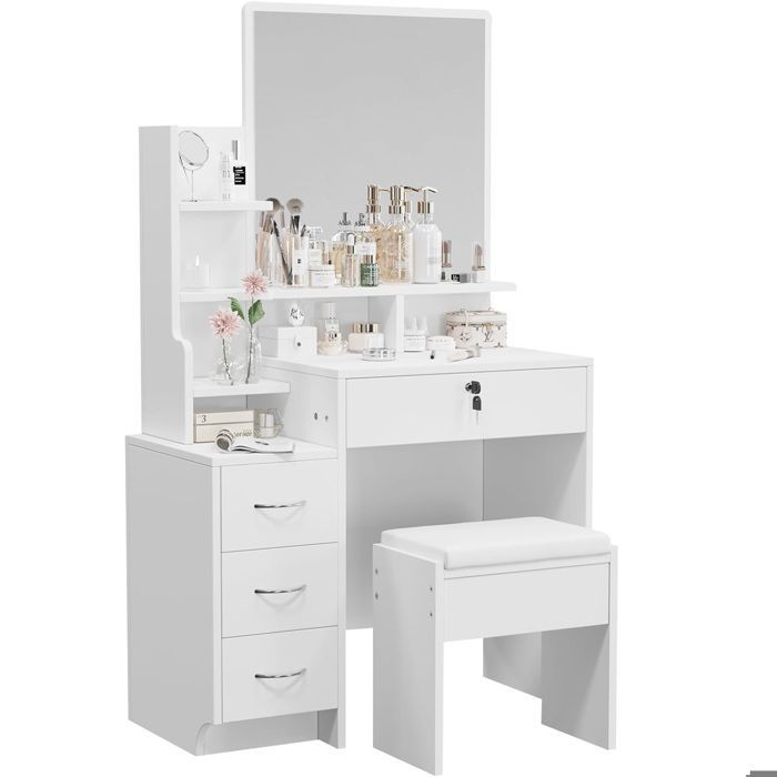 Tavolo da trucco Dripex con specchio e comodo sgabello, tavolo da trucco moderno, 4 cassetti, 4 ripiani, bianco, 87x40x144 cm