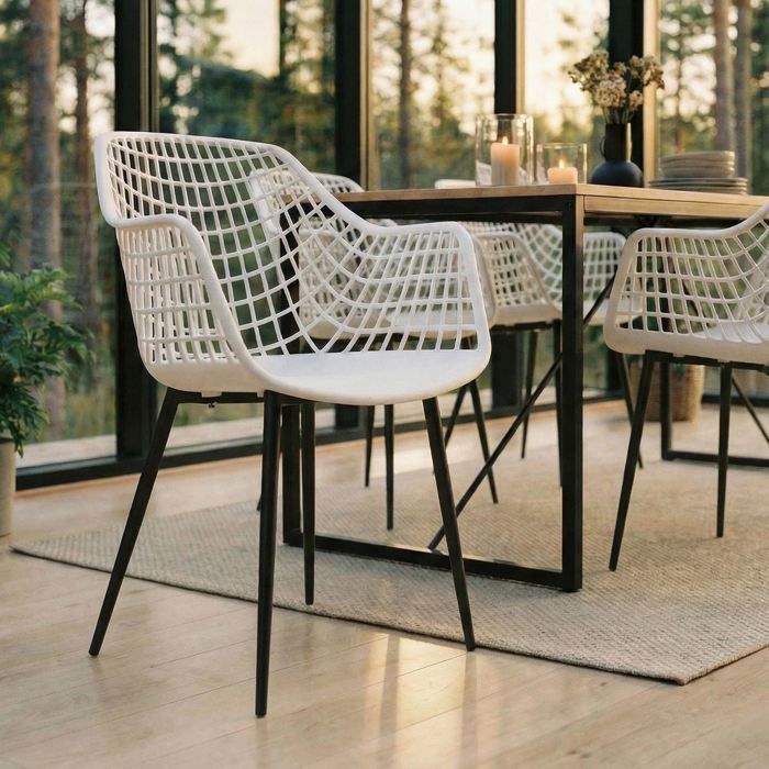 Set of 4 LUCIA chairs for dining room or kitchen with a retro design, featuring armrests, a white plastic shell and 4 metal legs
