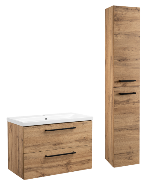 Zestaw do Łazienki 80cm Szafka z Umywalką Słupek Wysoki Dąb Wotan Aster