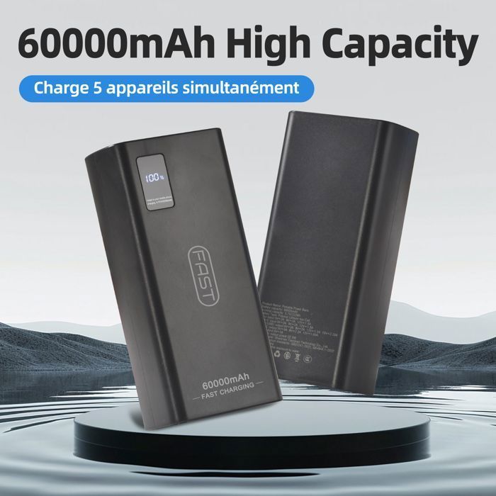 Bateria externa, Power Bank de 60000mAh, bateria portátil com entrada e saída USB-C, carregamento rápido PD3.0 QC4.0, cor preta.