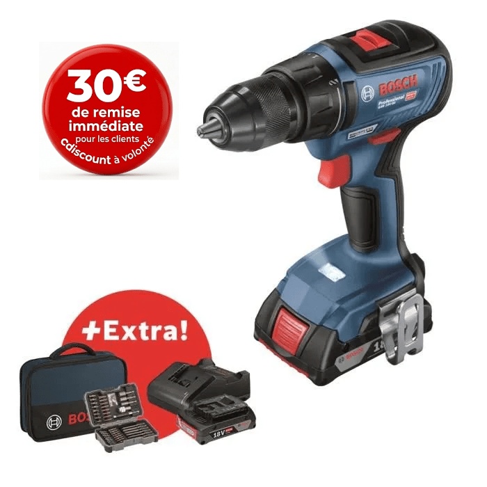 30€ de remise clients CDAV - Perceuse-visseuse Bosch Professional GSR 18V-50 + 2 batteries 2,0Ah + chargeur GAL 18V-20 + 43 acc