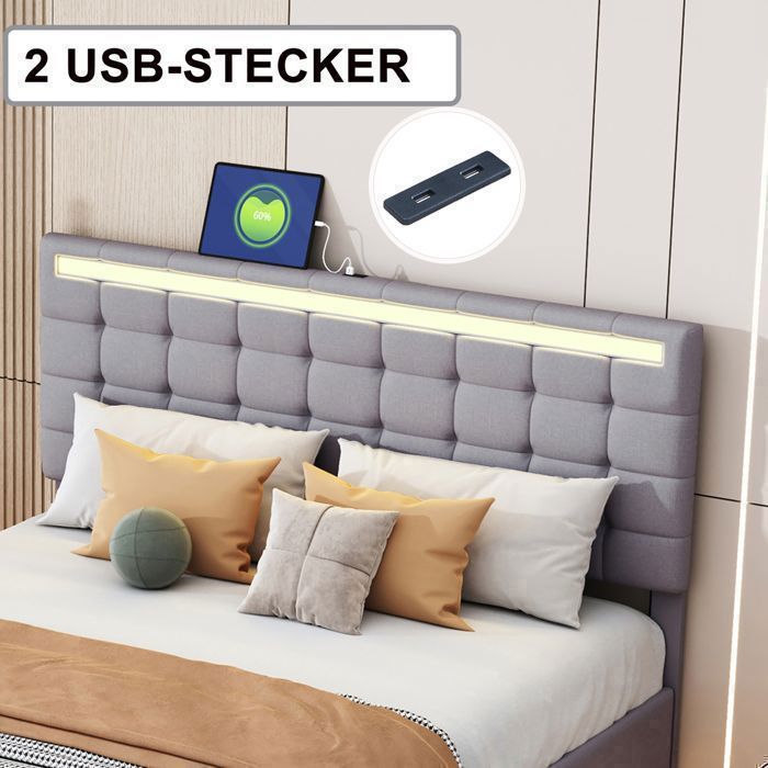 Zwevend bed 140x190 cm met LED-verlichting, bedframe, DAIDAI, lattenbodem, 140x190 cm, Scandinavische stijl, grijs linnen