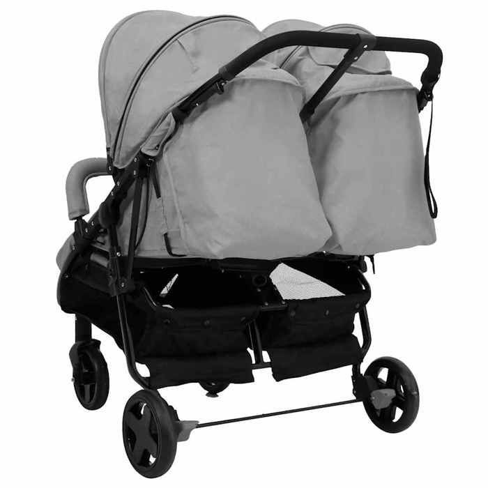 Double stroller - vidaXL - Light grey and black - Steel - 5-point harness - Foldable
