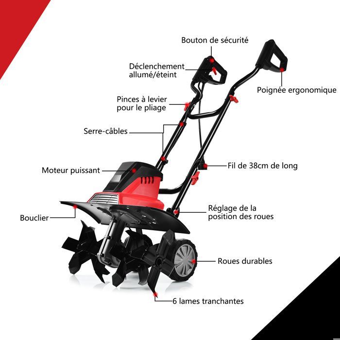 Motobineuse Motoculteur 1500W COSTWAY-Largeur 43cm,Profondeur 22cm-2 Roues Réglables-Bouclier-6 Fraises-Poignée Pliable-Rouge