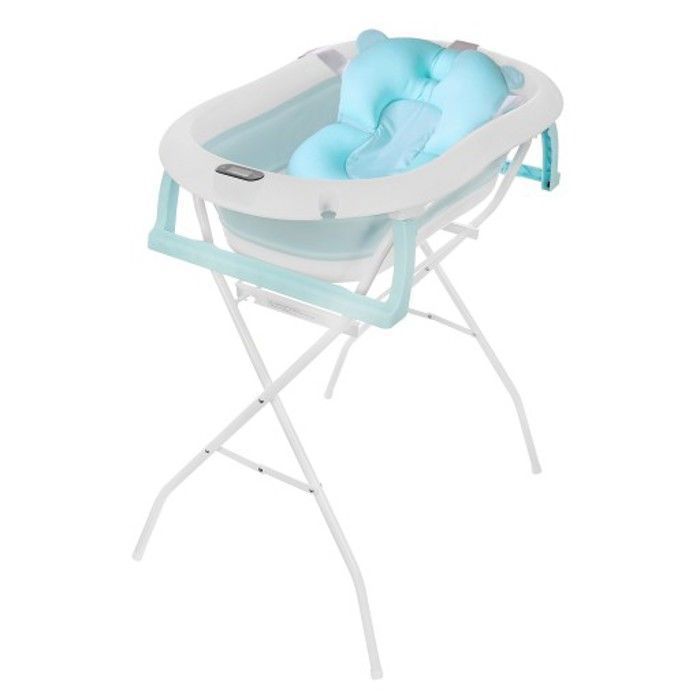 Vaschetta da bagno pieghevole Primabobo Premium per neonati, 79 cm, blu, con cuscino e supporto, e termometro.