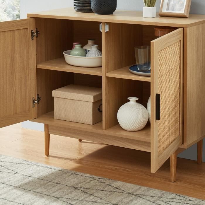 Aparador de dos puertas con rejilla natural - Acabado efecto madera - Ancho 90 x Profundidad 39,5 x Alto 75 cm - AMANA