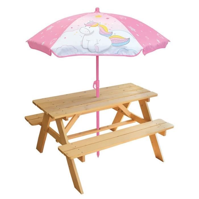 Mesa de piquenique Unicórnio de pinho com guarda-sol - CASA DA DIVERSÃO - A.53 x L.95 x P.75 cm - Para crianças