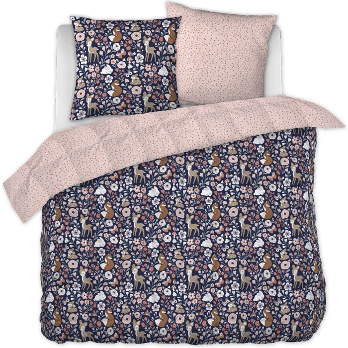 Edredón estampado de 200 x 200 cm + 2 fundas de almohada de 60 x 60 cm – Algodón Bosque Encantado