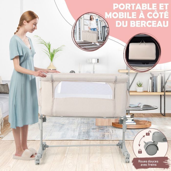 Cuna colecho COSTWAY con 5 alturas ajustables, capacidad de carga de 9 kg, malla transpirable y bolsa de viaje para bebés de 0 a 6 meses, color beige.