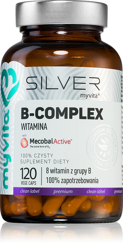 Cápsulas de suplemento vitamínico MyVita Silver B-complex para fortalecer o sistema imunológico.