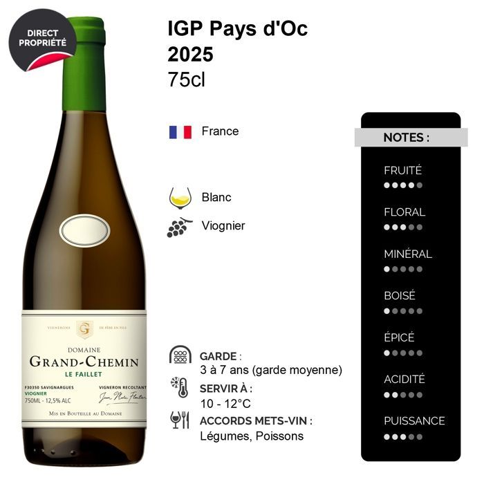 Domaine Grand-Chemin Pays d'Oc Viognier - Le Faillet 2025 - Vin Blanc du Languedoc - Roussillon (6x75cl) HVE