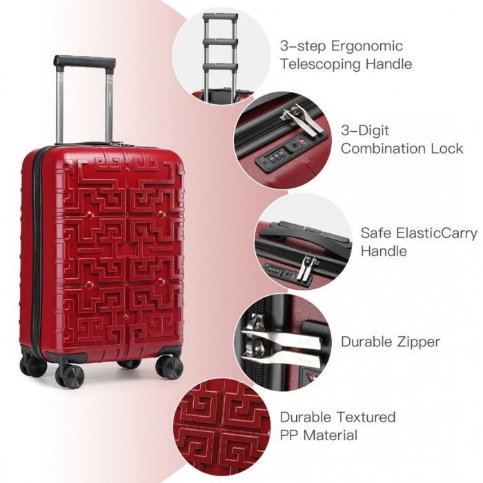 Maleta de cabina Kono de 55x35x23 cm, maleta rígida de polipropileno con 4 ruedas y cerradura TSA, 20 pulgadas (roja)