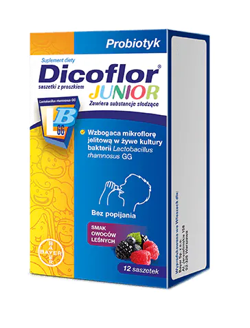 Dicoflor 30 Junior, Probiotyk dla dzieci od 3. roku życia i dorosłych, Smak owoców leśnych, Saszetki z proszkiem bez popijania