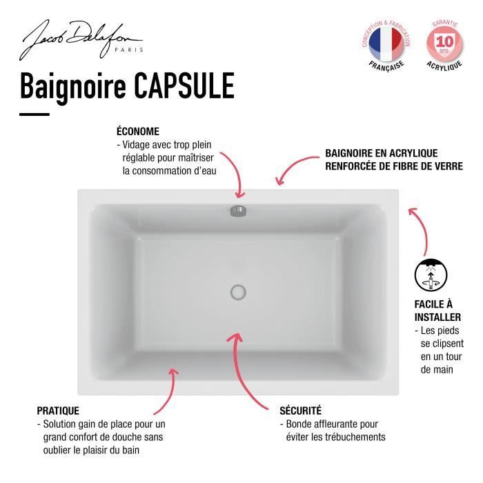 Bañera rectangular tipo cápsula Jacob Delafon, 140 x 90 cm, color blanco.
