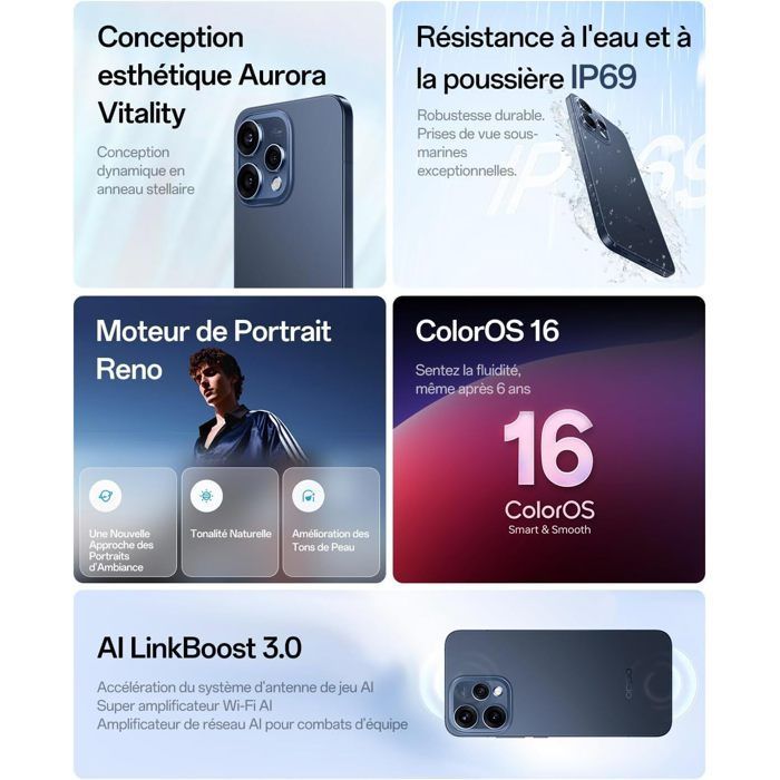 Smartphone 5G - OPPO Reno15 - 8 Go RAM - 512 Go - Aurore Blanche -Portrait Téléphoto Vibe 3.5X - Batterie 6500 mAh - EU version