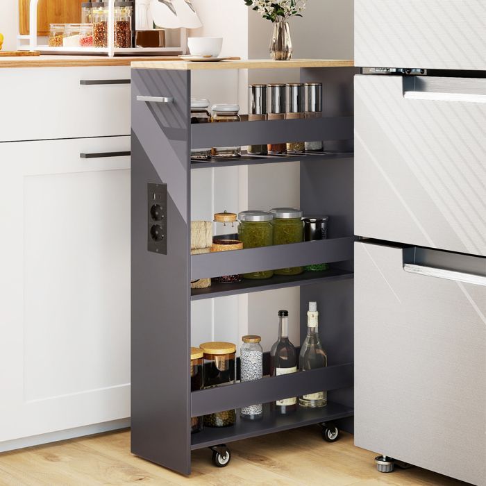 GIANTEX Narrow Kitchen Trolley with Wheels - 47.5x20x80.5cm - Charging Station - 4-Tier Serving Cart - Natural + Grey