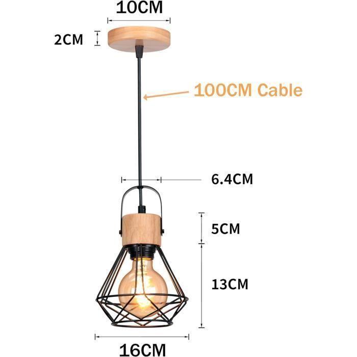 IDEGU Suspension Luminaire Industrielle, 16CM Vintage Lustre Suspension en Fer et Bois Rétro Cage Design Noir pour Salon Chambre