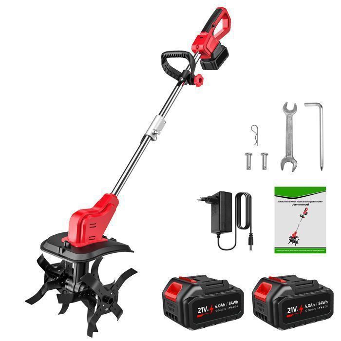Motobineuse Électrique 21V Motobineuse Sans Fil avec 2 Batteries, Rouleau Double 4 Lames, 350 RPM, Motoculteur pour Potager, Yard