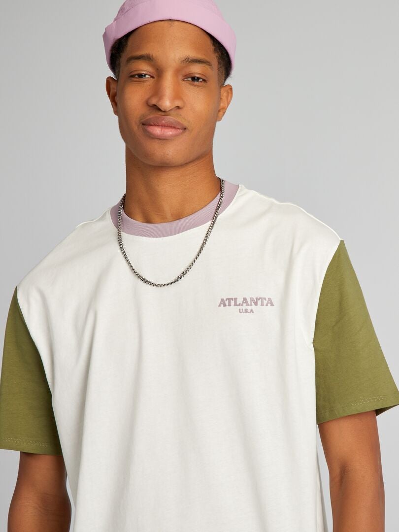 Farbblock-Baumwoll-T-Shirt mit Rundhalsausschnitt für Personen über 190 cm – grün