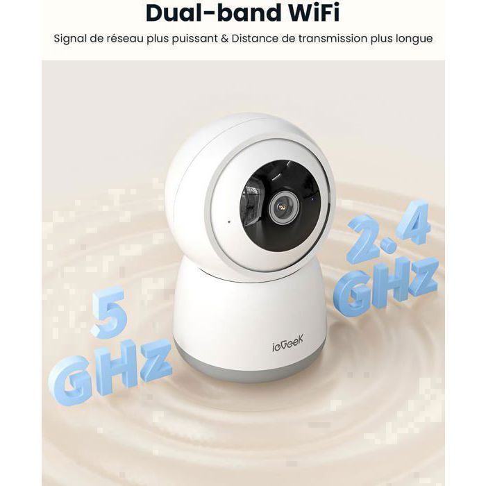 Cámara de seguridad WiFi cableada para interiores de 5 MP con audio bidireccional, sirena, alarma, PTZ de 360°, seguimiento automático y visión nocturna.