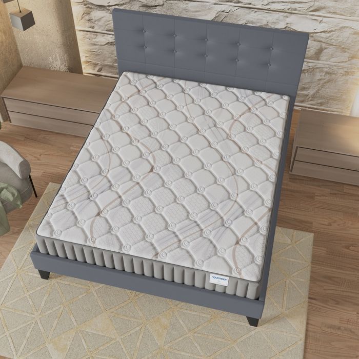 Colchón y cama (140x200cm) - Sirius 16cm Látex natural y espuma de alta densidad + Base de láminas estable y cabecero tapizado en gris