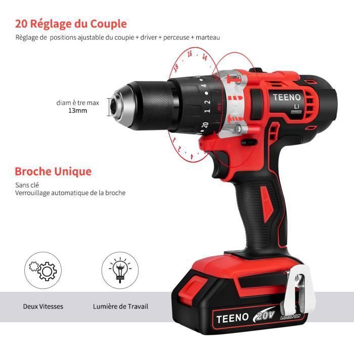 TEENO® Cordless Impact Drill Driver Plus with 2 x 20V 2.0 Ah Li-ion Batteries and 13mm Keyless Chuck