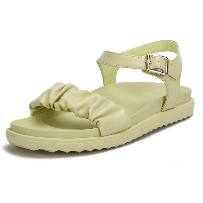 Sandales plates à plateforme plissées en cuir véritable pour femmes, chaussures d'été décontractées et de soirée, sandales pour femmes 2021