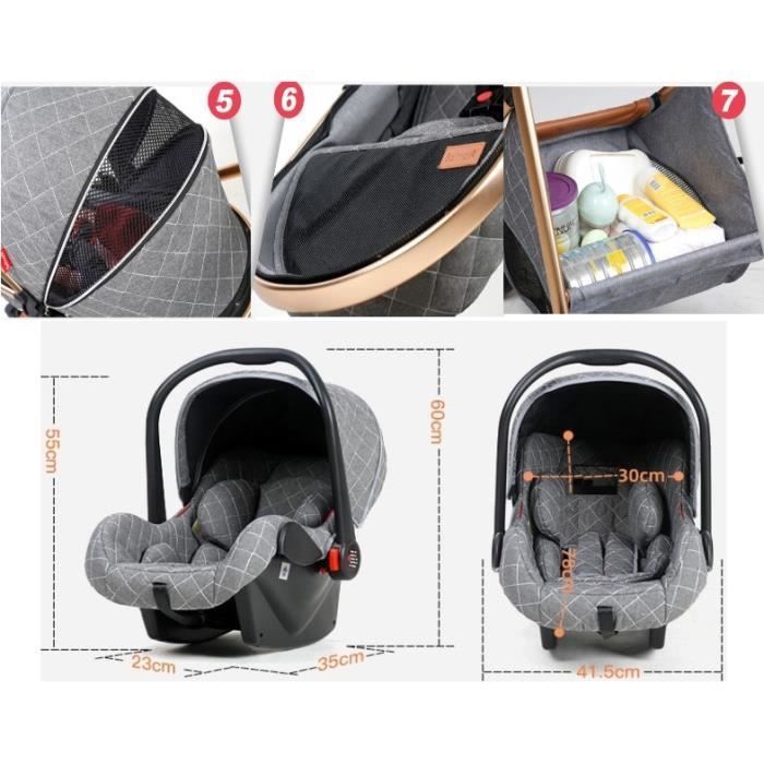 Poussette 3 en 1 Bébé Combinée Siège-Auto Nacelle Haute Trio Réversible Réglable Haute Qualité Roues increvables Canne Gris