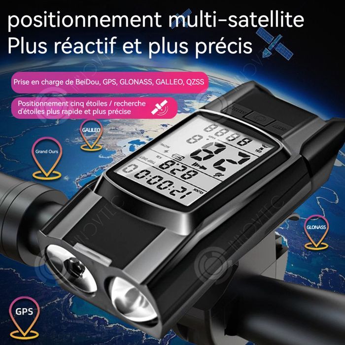 INN Compteur de vitesse de vélo avec positionnement GPS sans fil phare klaxon compteur kilométrique VTT 3 en 1 compteur de vitesse