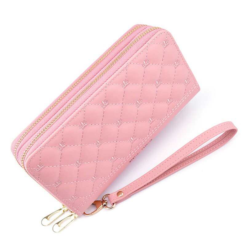 Portefeuille long pour femme, pochette à double fermeture éclair, sac bandoulière, portefeuille souple, broderie Lingge, grande capacité, portefeuille double D 7983