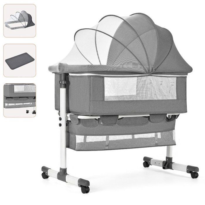 Cuna colecho para bebés de 0 a 36 meses, altura ajustable, con colchón, mosquitera, cesta de almacenamiento y ruedas - Gris