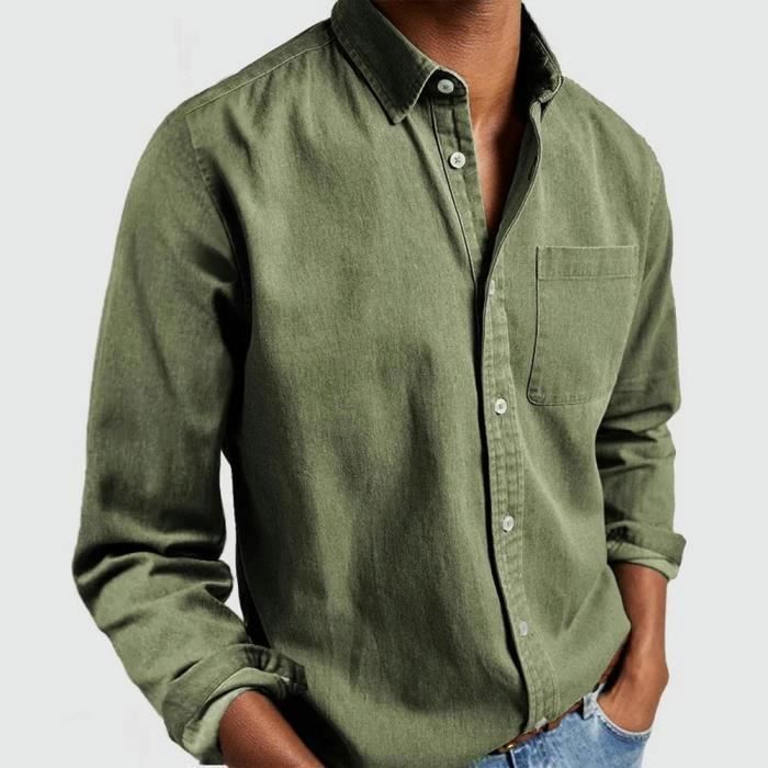 Men's Long Sleeve Regular Fit Shirt with Pocket, Casual Plus Size Shirt, Solid Color - EU Size - Green