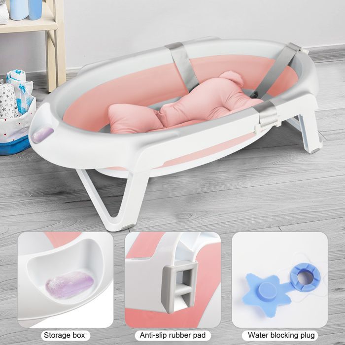 Bañera para bebé MIPAN con soporte - Bañera ergonómica para bebé - Con cojín - Drenaje integrado - 63*60*84,5 cm - Rosa