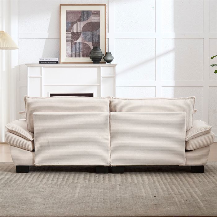 DRIPEX 3-Seater Beige Corduroy Sofa with Pillows, Back Cushions and Armrests, Sturdy Wooden Legs, 224×81×81cm