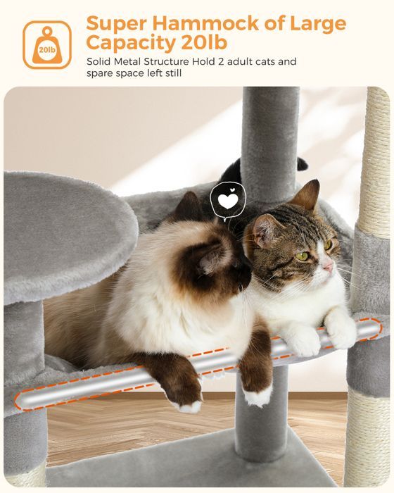 PAWZ Road Cat Tree, Spacious Design, Large, Sturdy Hammock with Hammock and Beautiful Cat House - Grey - 143 cm