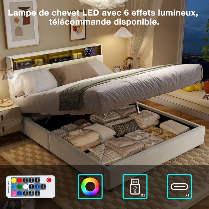 Cama doble moderna de 140 x 190 cm. Estructura de cama, somier de láminas tapizado, cabecero, con LED y USB, cama con espacio de almacenamiento - YubNct