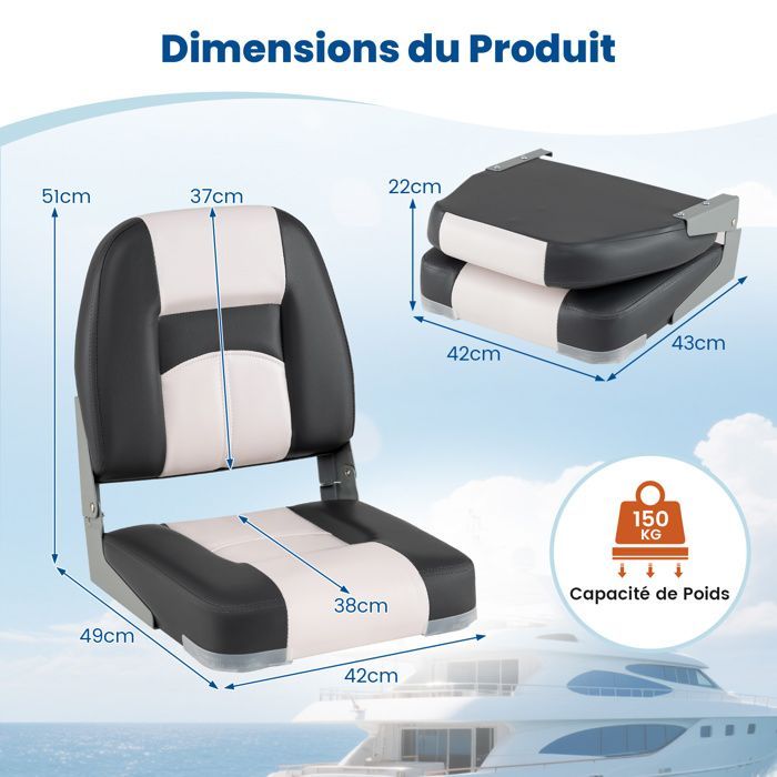 Asiento plegable de 2 piezas para barco COSTWAY con respaldo y 4 tornillos, impermeable, para barco de pesca o kayak, 42 x 49 x 51 cm, gris.
