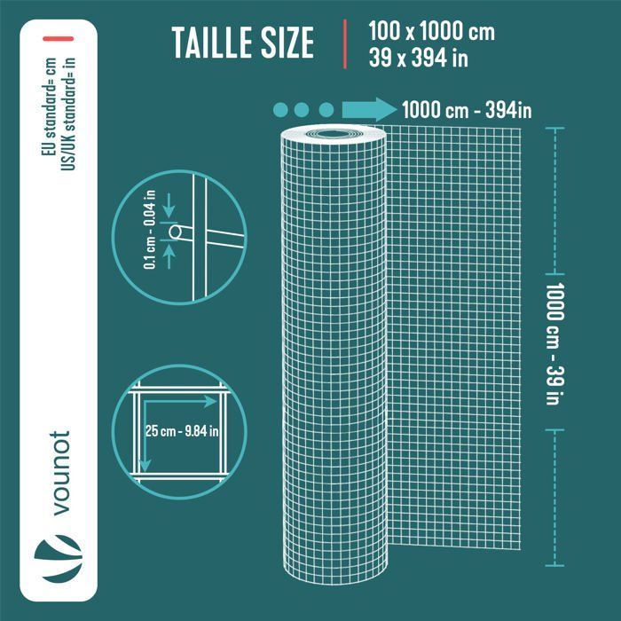 Rollo de malla de alambre soldado galvanizado VOUNOT® 1x10m - Malla de 25 mm, alambre de 1 mm - Enrejados y cercas metálicas