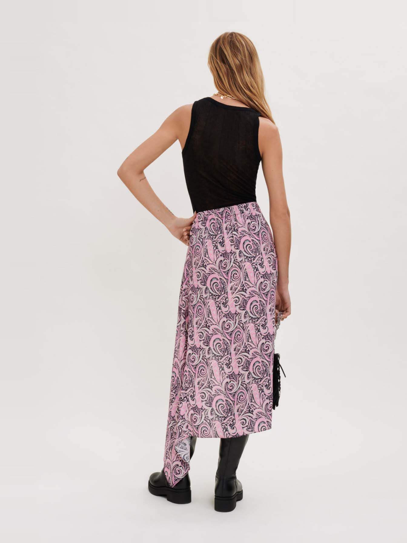 Asymmetrische rok van bedrukte viscose - Paisley rose