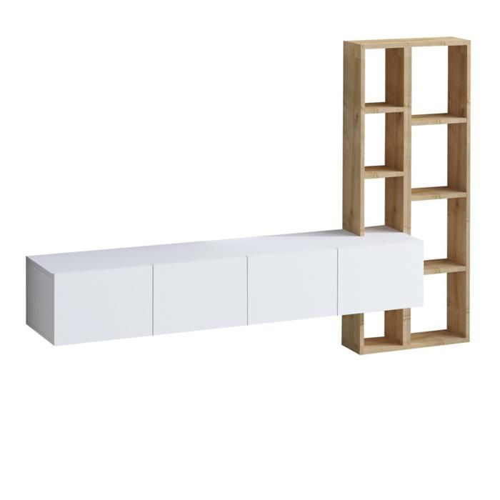 CALICOSY - Meuble TV suspendu 4 portes blanc et étagère chêne L182 cm - PANA - Blanc