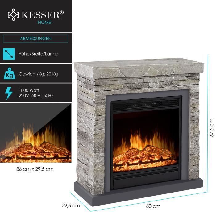 Chimenea eléctrica independiente KESSER® - con efecto de llama LED 3D, función de calefacción, 1800 W, color gris.