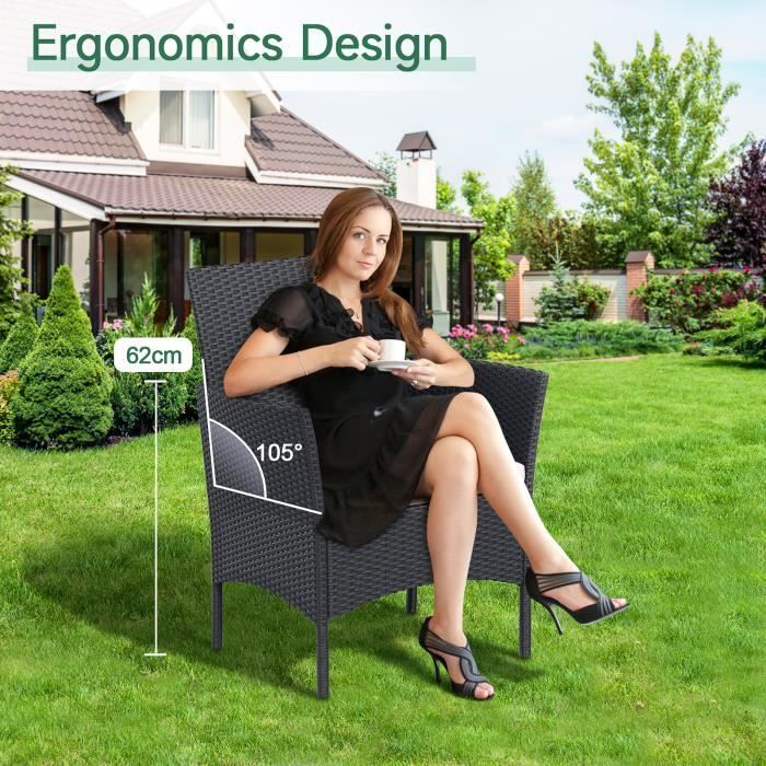 Garden furniture set | Wicker-look resin | 4 people | with 2 armchairs, 1 sofa and 1 table | Black