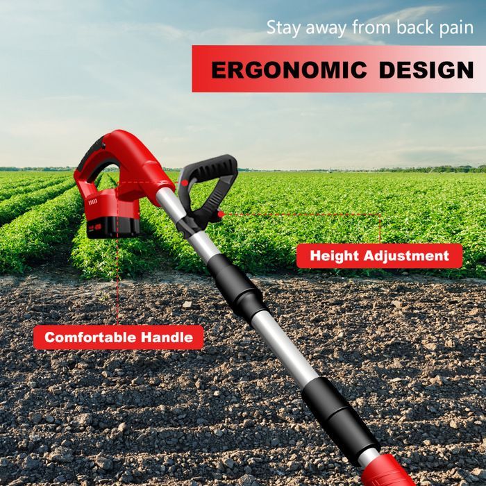 Motocultor eléctrico de 21 V, inalámbrico, con 2 baterías, 25 cm de ancho, 15 cm de profundidad, 360 RPM, ideal para huertos y jardines.